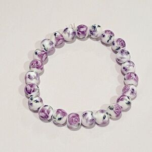 New! 8" Purple & White Beaded Bracelet No Clasp Stretchable